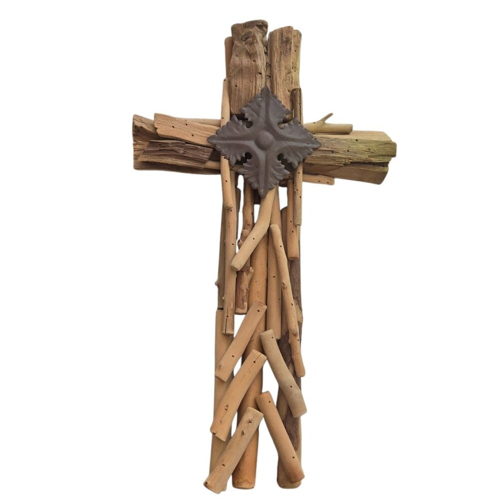 Rustic Driftwood Cross Wall Decor Metal Accent 17 Inch - Picture 13 of 14